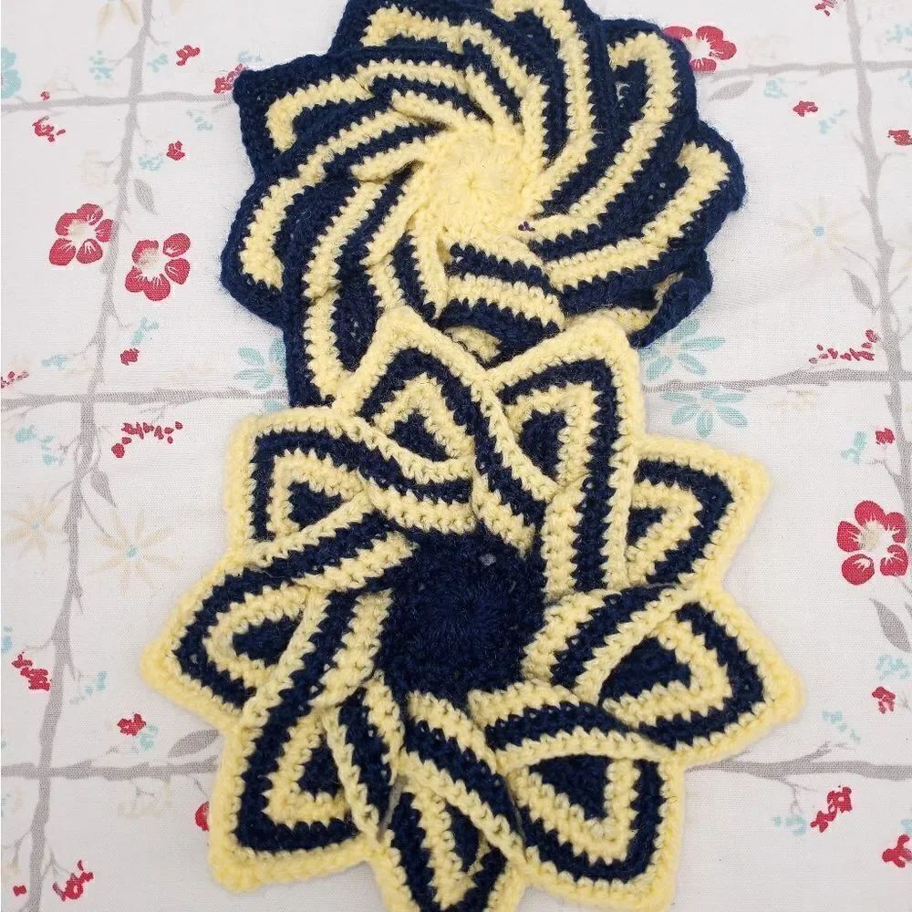 Handmade Crochet Lot of2Flowers Navy&YellowCrochet7" HomeDecorationCupGlassStand